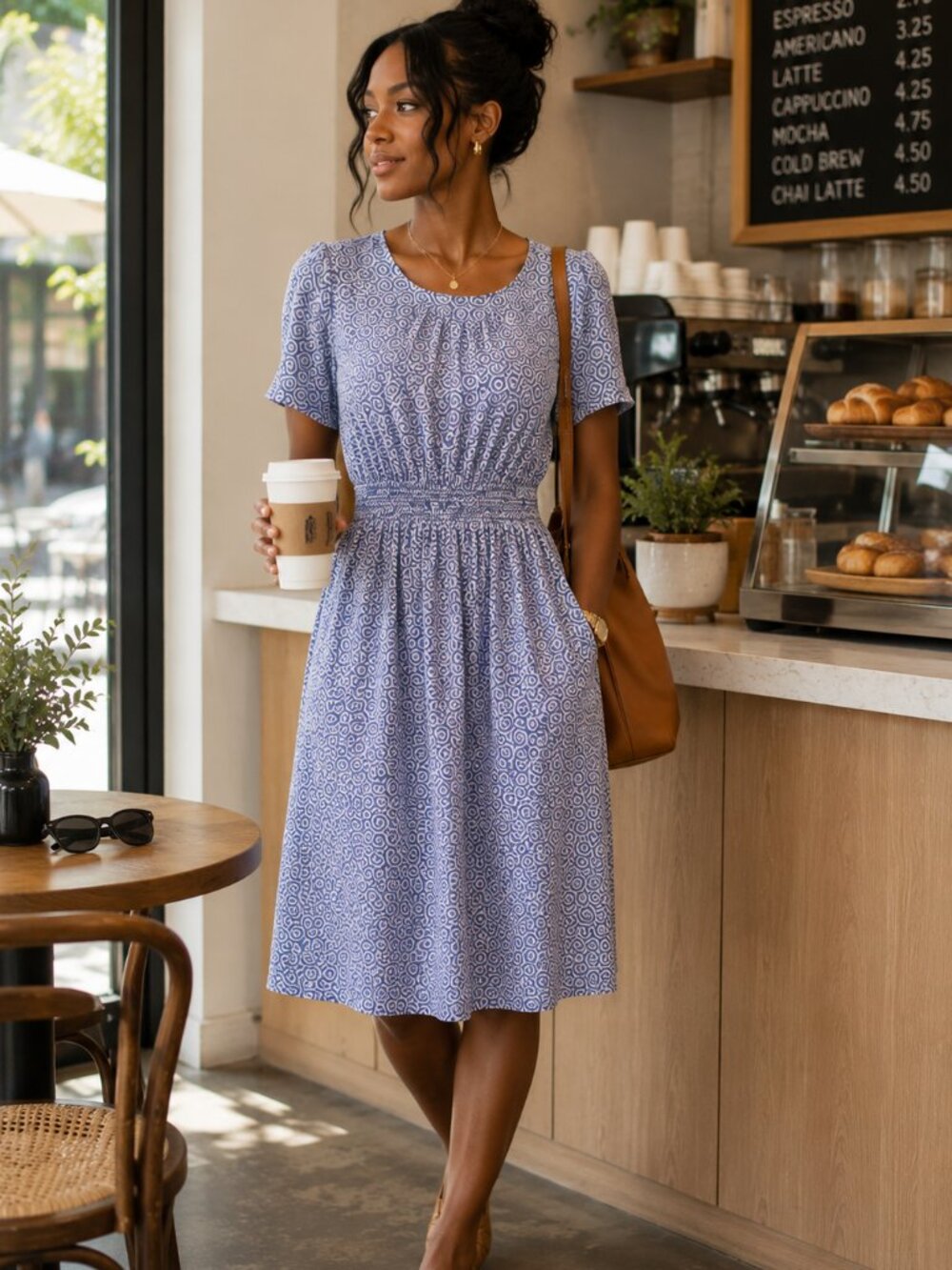 Boden Blue White Geometric Smocked Waist Dress 8R